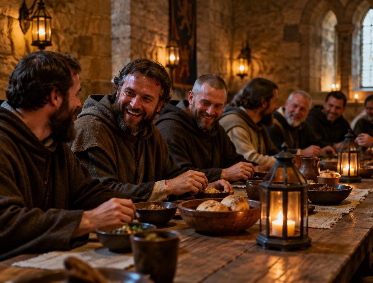 Men sharing a meal by lantern light