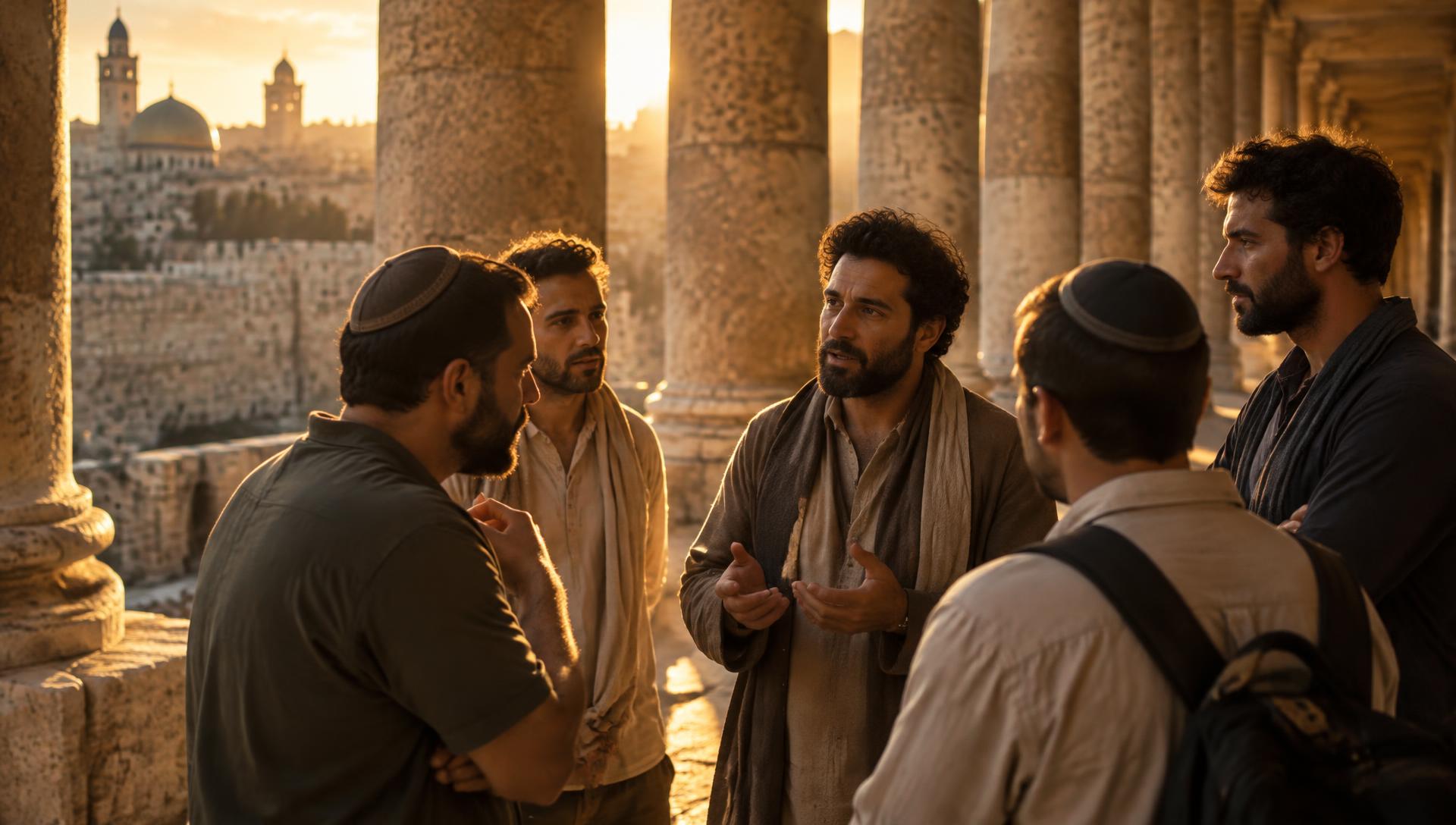 Men in conversation among ancient stone columns at golden hour
